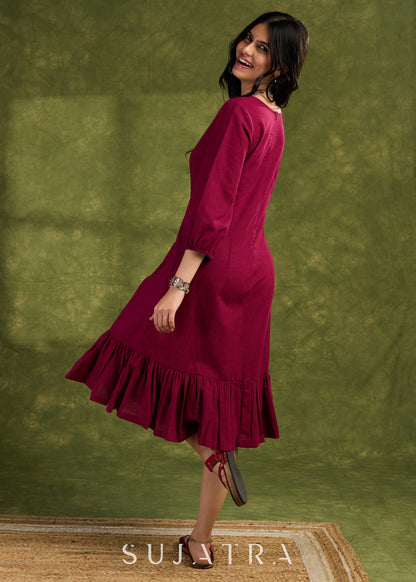 Wine Frill Dress. Elegant Wine Cotton Dress With Ruffled Hem Detailing