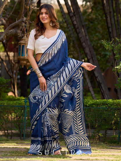 Artisan Blue Pure Silk Saree featuring Bold Hand Batik Work