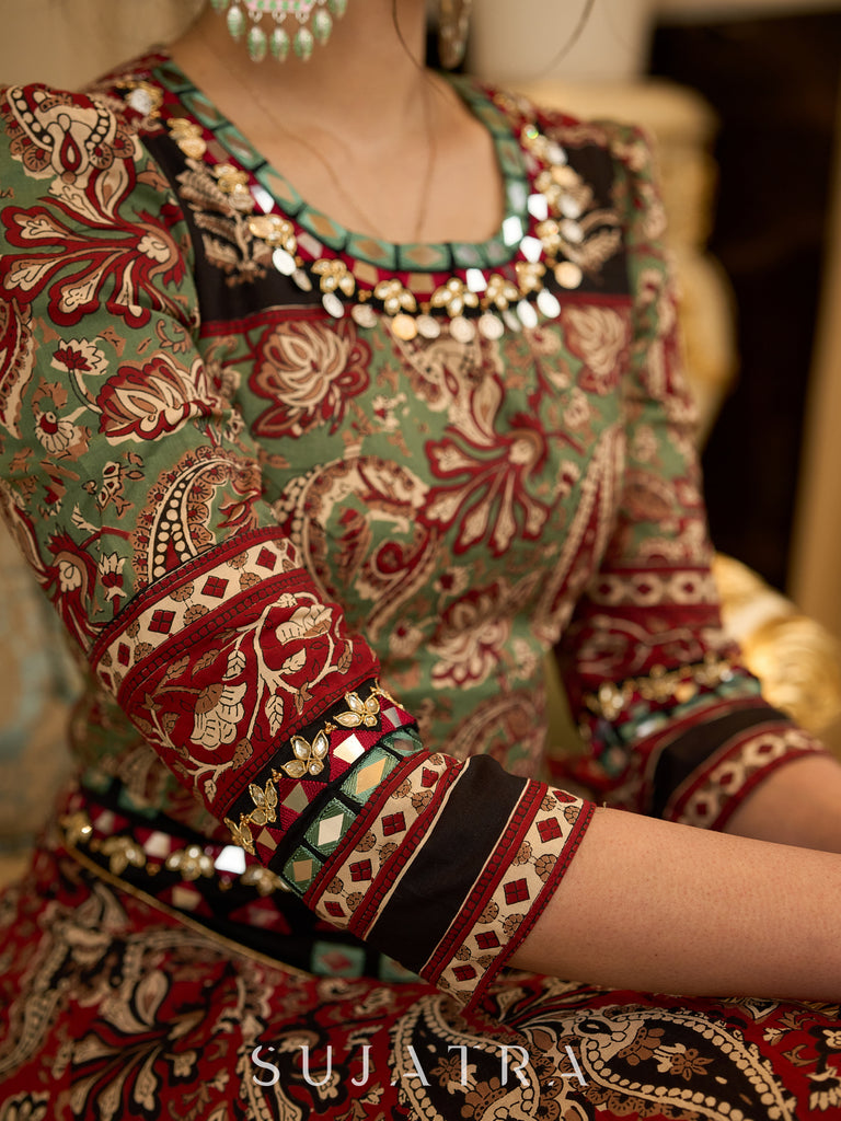 Contemporary folkloric ensemble featuring a petal cut block printed lehenga with mirror work accents  - Embroidered Dupatta Optional