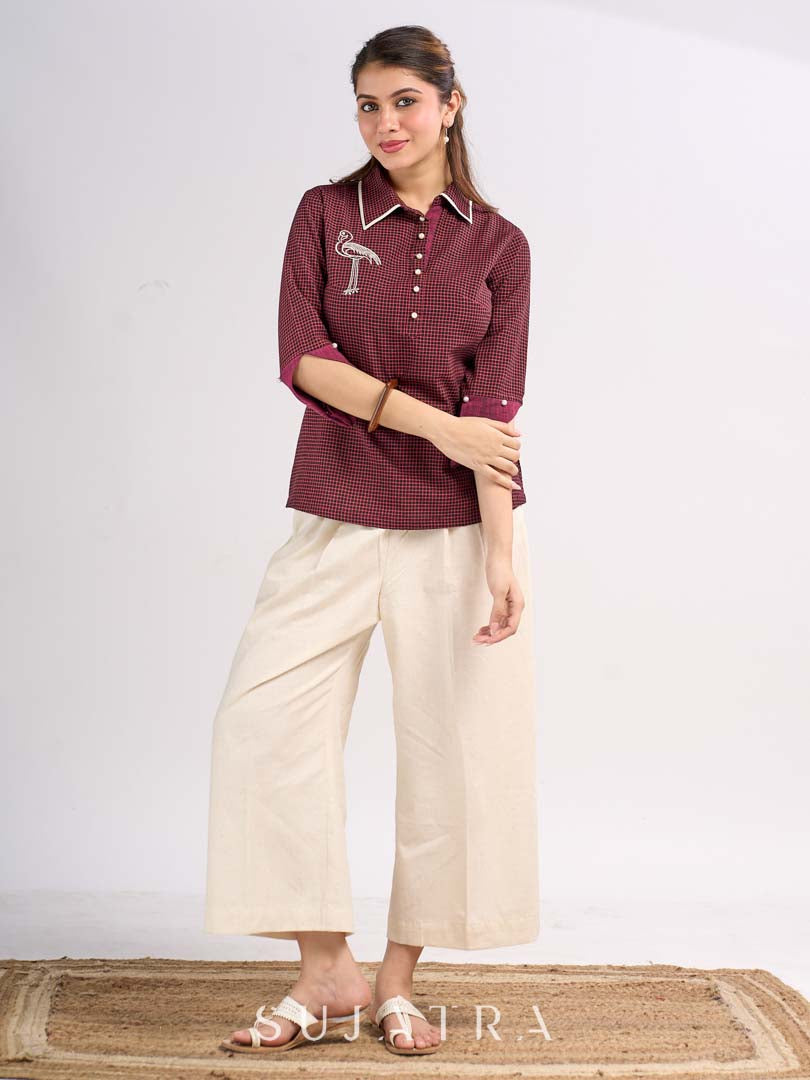 Maroon Cotton Contemporary Top with Embroidered Flamingo and Button Down Yoke