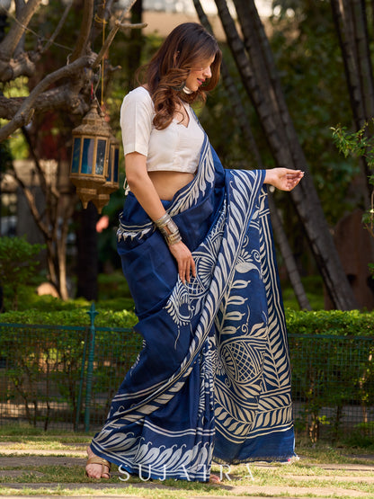 Artisan Blue Pure Silk Saree featuring Bold Hand Batik Work