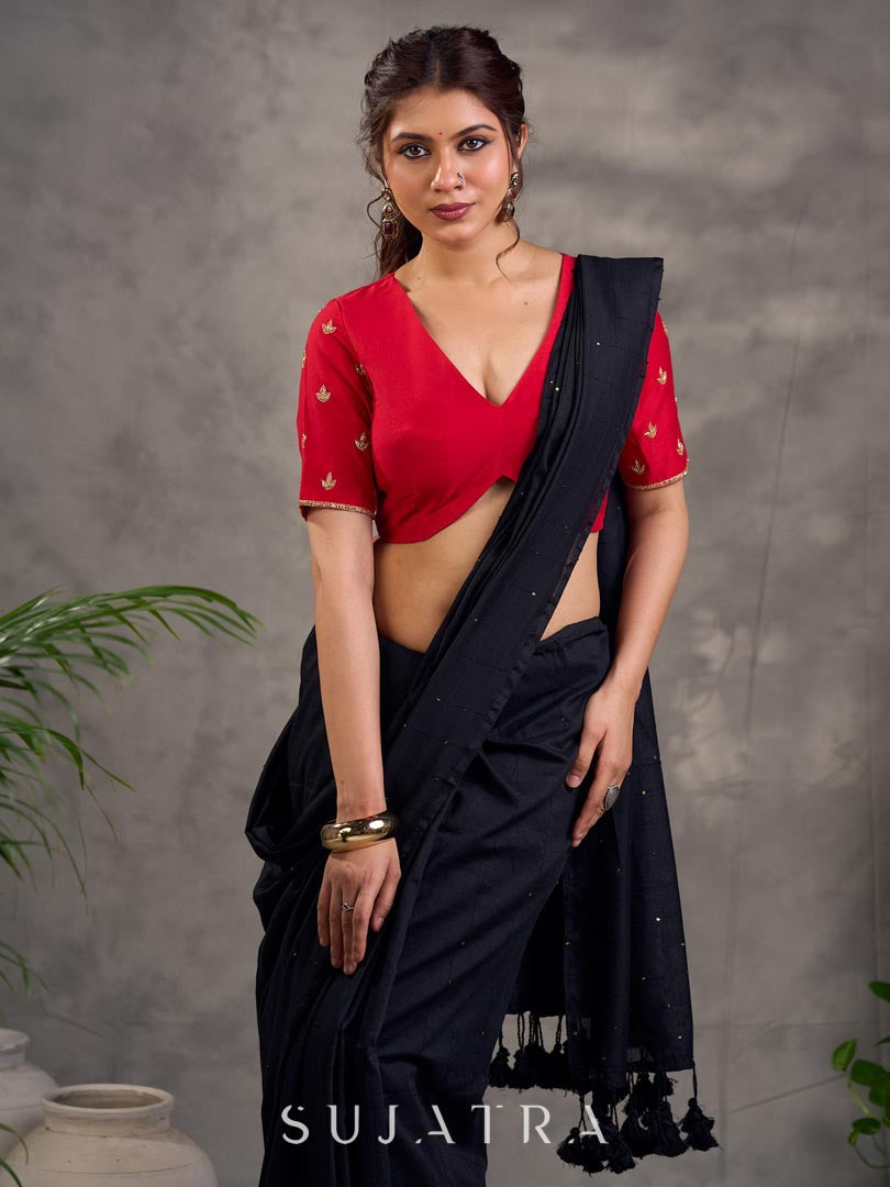 Red Cotton Silk Blouse with Gold Zari Embroidery & Deep V Neckline