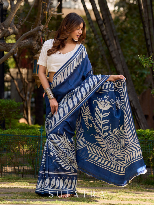 Artisan Blue Pure Silk Saree featuring Bold Hand Batik Work