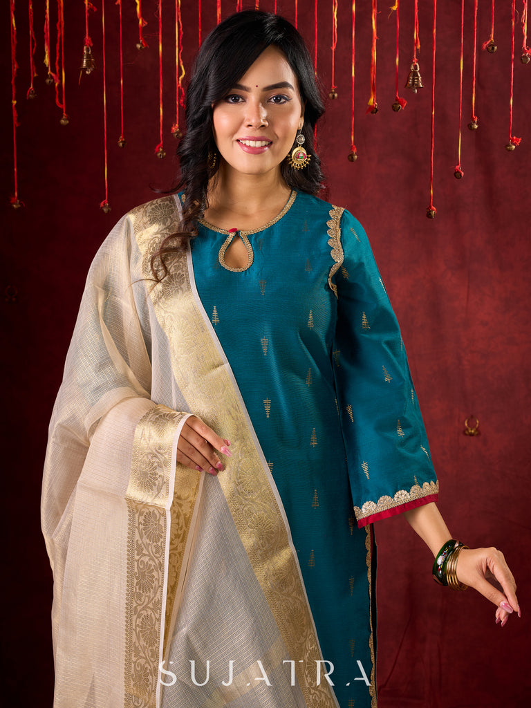 Radiant Teal Silk Kurta with Golden Self-Butta Design