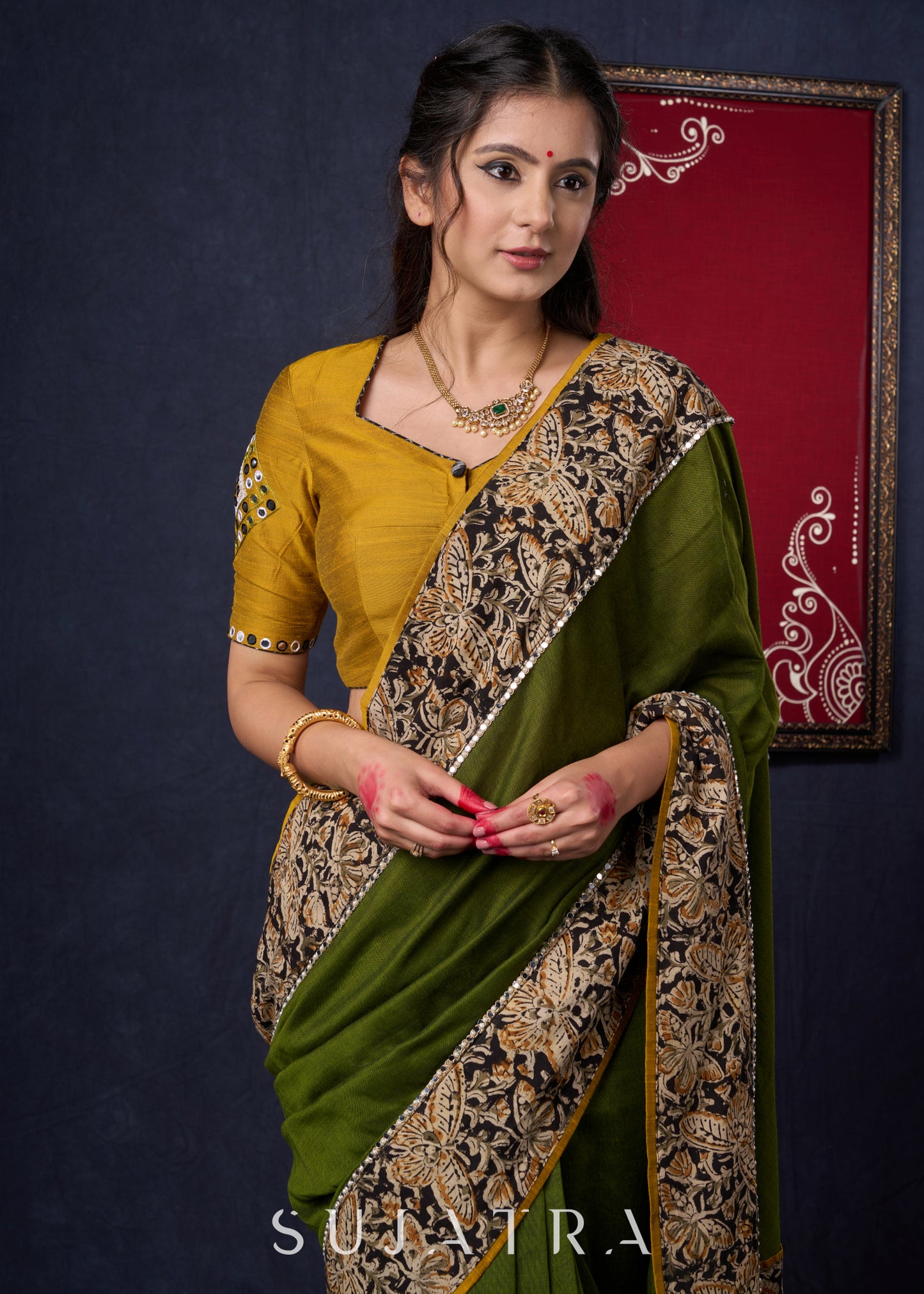 Regal Moss Green Cotton Saree with Kalamkari Border Highlighted with Abla work & Zari