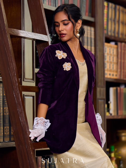 Royal Wine Velvet Jacket Adorned With Hand-Embroidered Flower Brooches - Cotton Silk dress optional