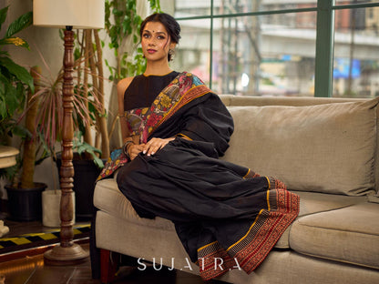 Elegant Black Cotton Saree with Ajrakh Print & Kalamkari Painted Border