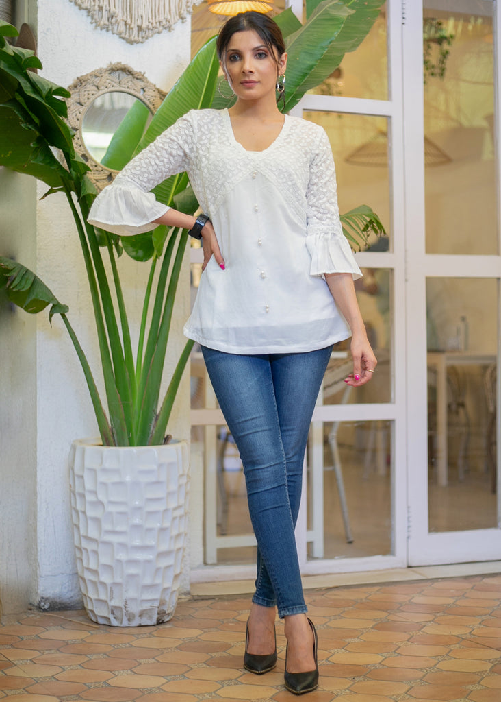 Beautiful White Cotton Top with Embroidered Yoke Highlighted with Lace and Moti Buttons