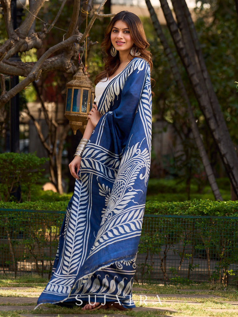 Artisan Blue Pure Silk Saree featuring Bold Hand Batik Work