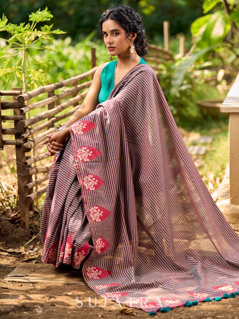 Contemporary Teal and Pink Striped Cotton Saree with Dual-Tone Effect and Hand Block Print Motifs