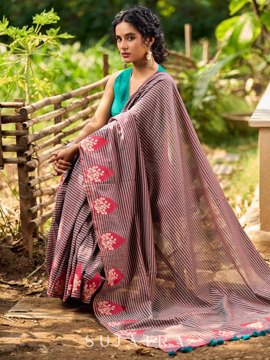 Contemporary Teal and Pink Striped Cotton Saree with Dual-Tone Effect and Hand Block Print Motifs
