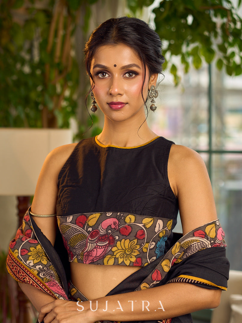 Black Cotton Silk Sleeveless Blouse with Kalamkari Border