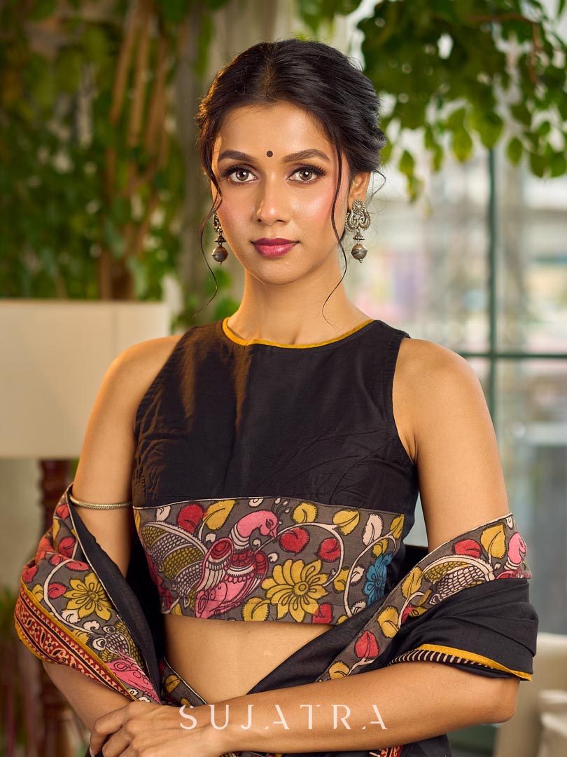 Black Cotton Silk Sleeveless Blouse with Kalamkari Border