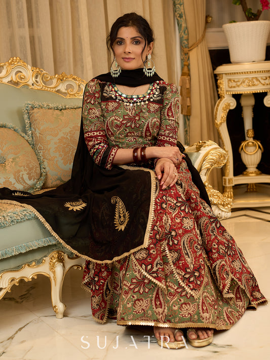 Contemporary folkloric ensemble featuring a petal cut block printed lehenga with mirror work accents  - Embroidered Dupatta Optional