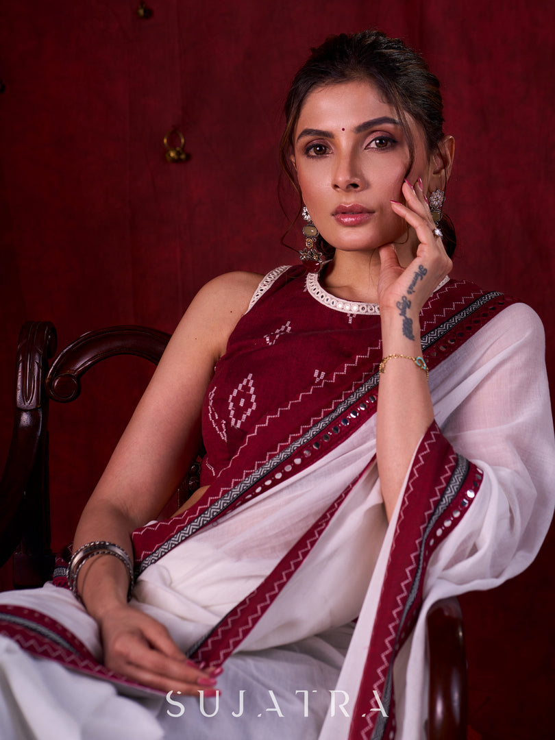 Maroon Luxe Jamdani Cotton Blouse with Halter Neck, Sleeveless Style & Mirror Lace Accents
