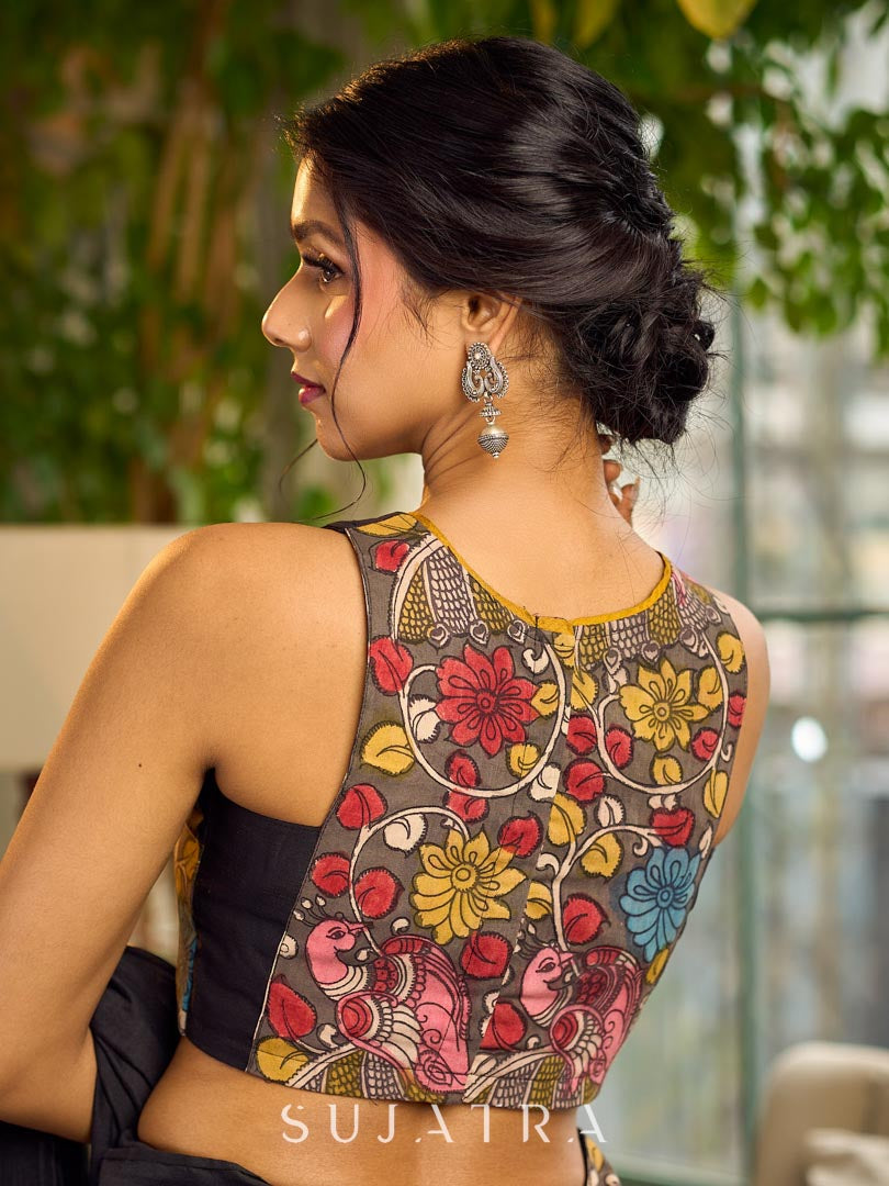 Black Cotton Silk Sleeveless Blouse with Kalamkari Border