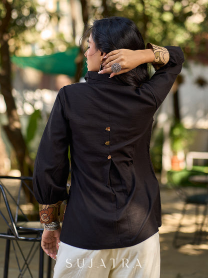 Charcoal Black Cotton Shirt with Asymmetrical Kalamkari Floral Panel