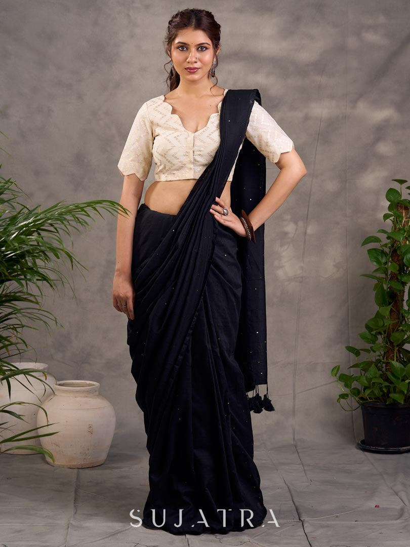 Refined Black Cotton Saree with Sequins Embellishment