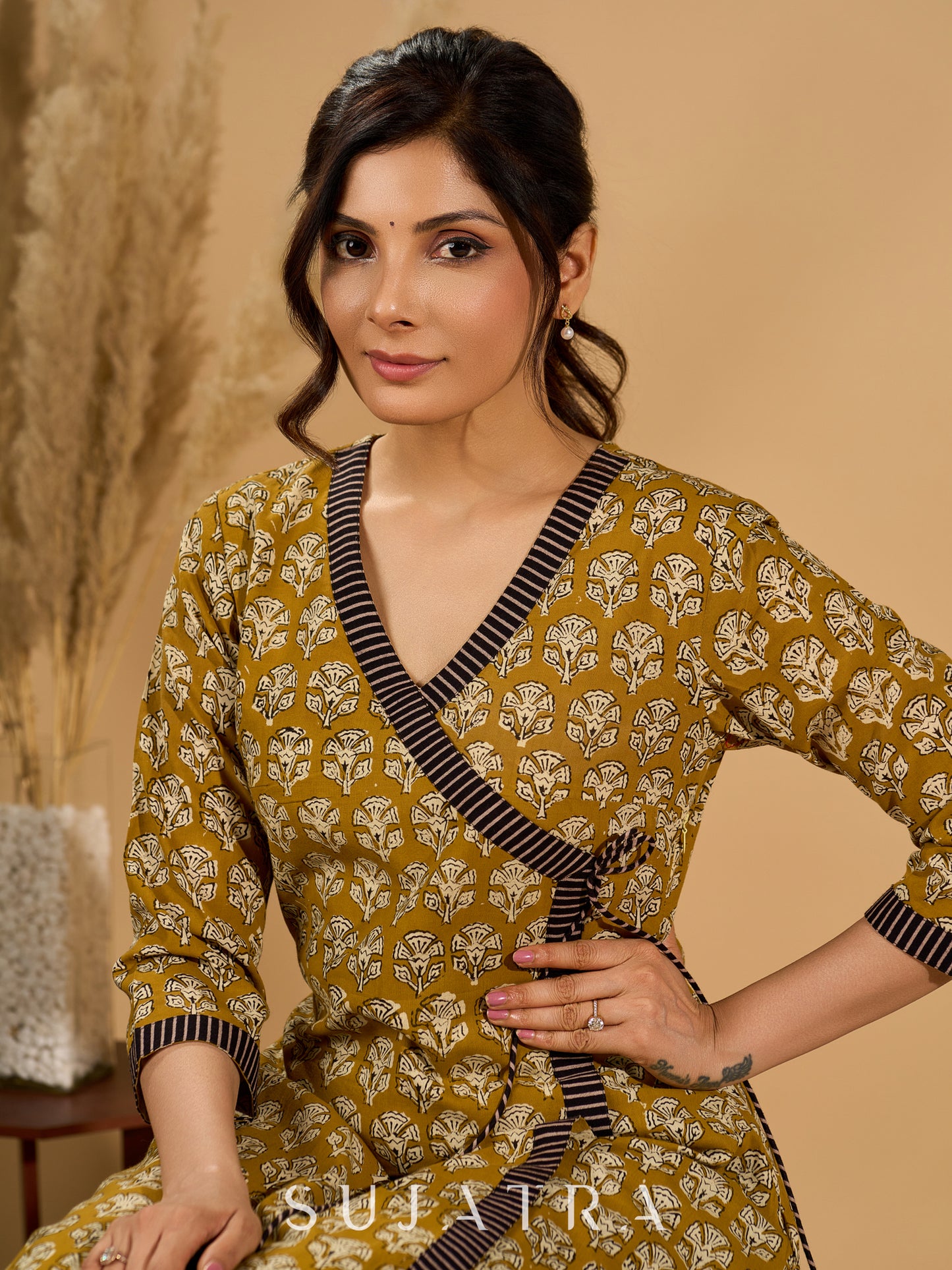 Olive Bloom Mul Cotton Angrakha Style Kurta with Black Contrast Border
