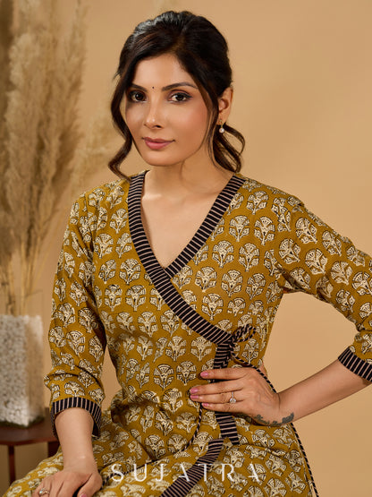 Olive Bloom Mul Cotton Angrakha Style Kurta with Black Contrast Border