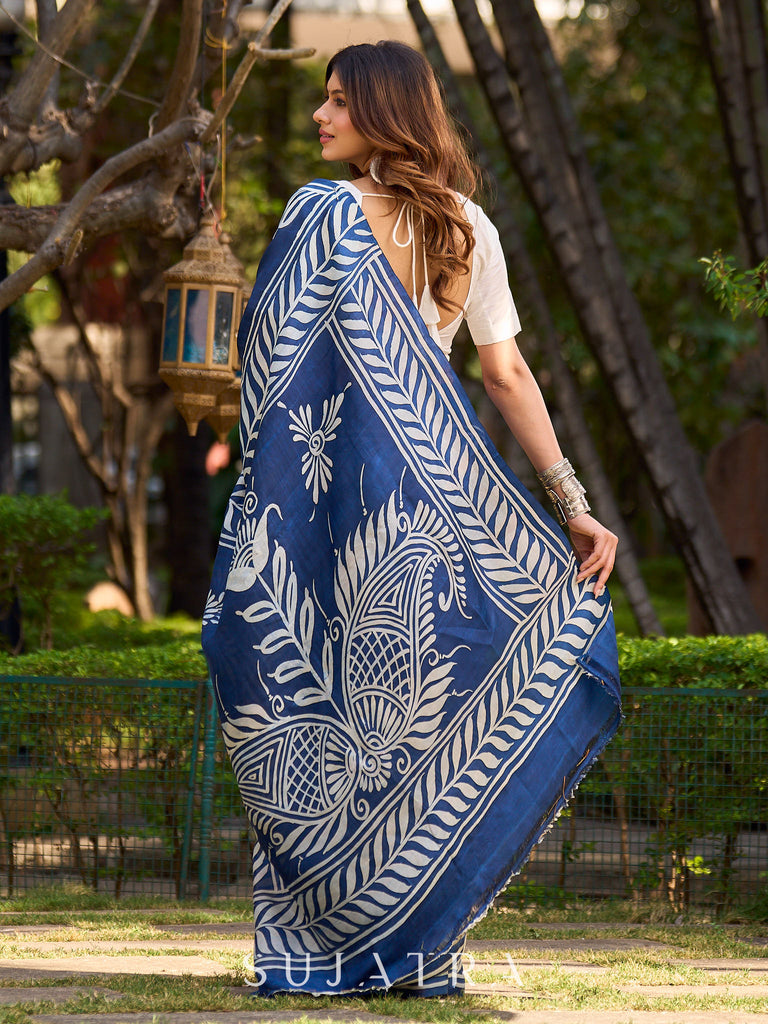 Artisan Blue Pure Silk Saree featuring Bold Hand Batik Work