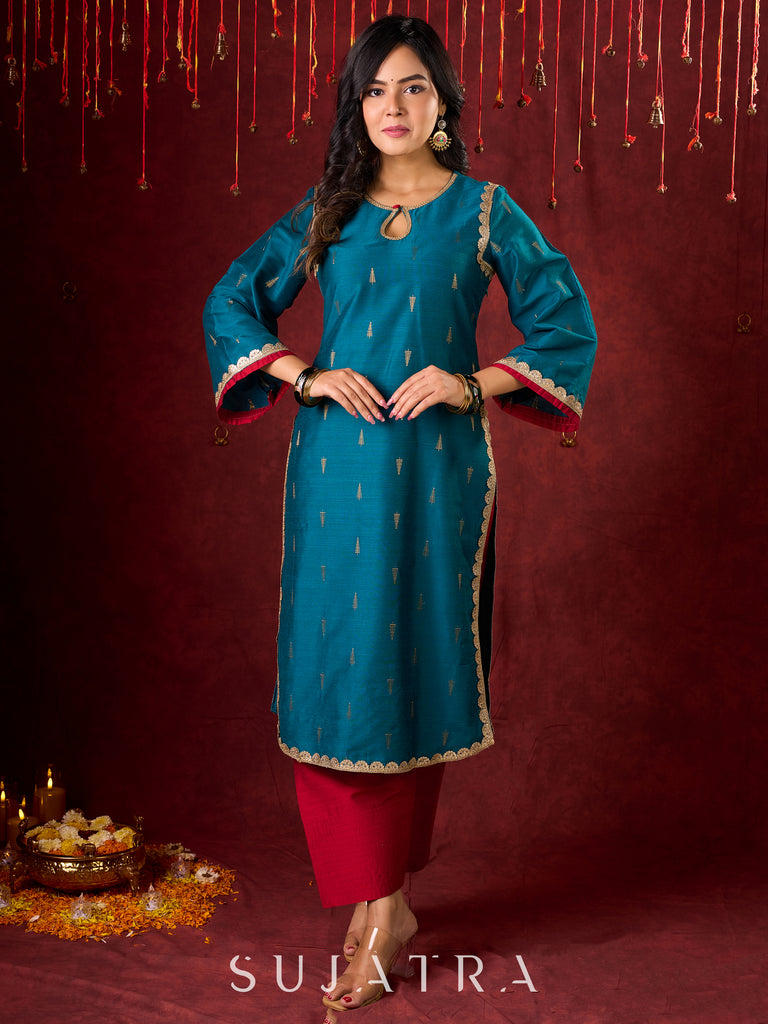 Radiant Teal Silk Kurta with Golden Self-Butta Design