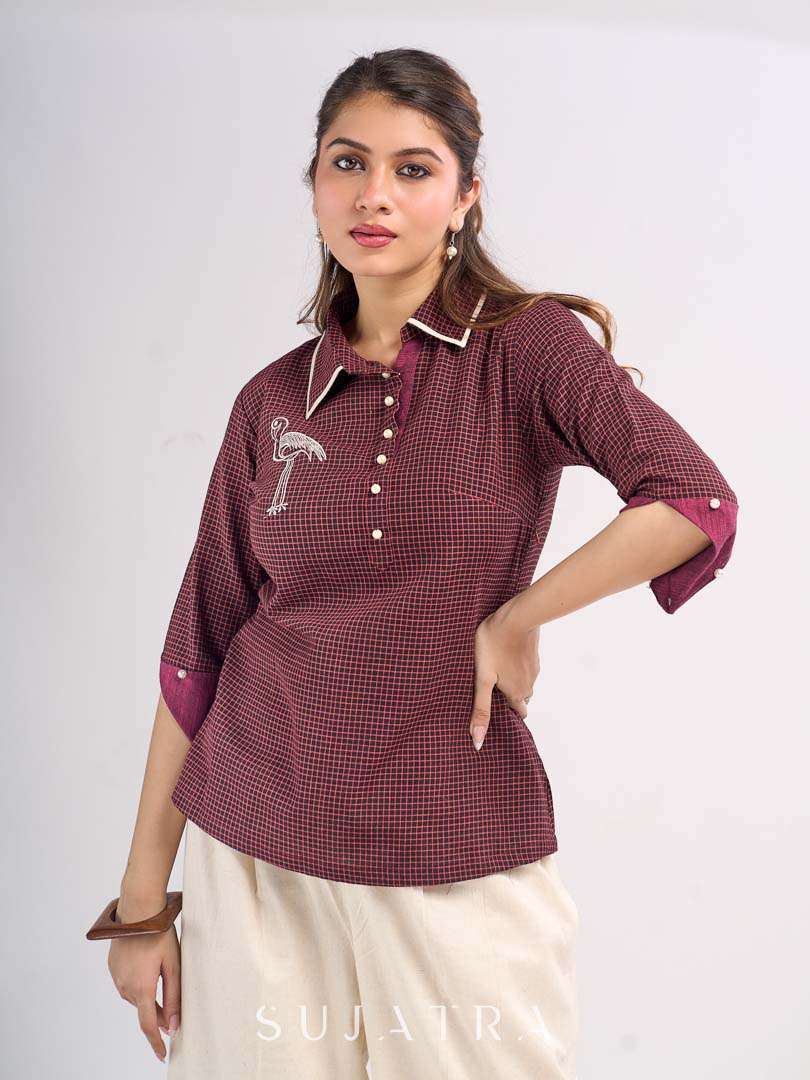 Maroon Cotton Contemporary Top with Embroidered Flamingo and Button Down Yoke