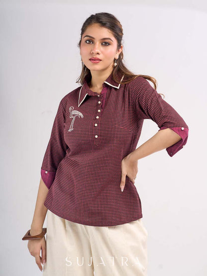 Maroon Cotton Contemporary Top with Embroidered Flamingo and Button Down Yoke