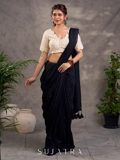 Refined Black Cotton Saree with Sequins Embellishment