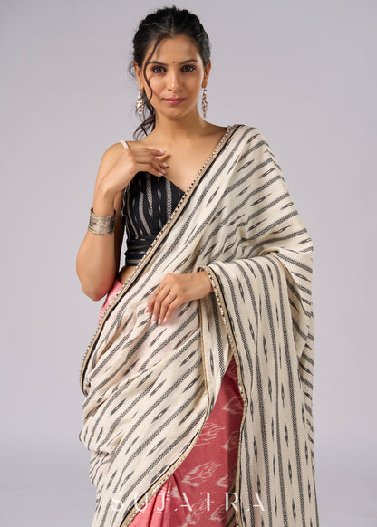 Classy white & pink Ikat combination cotton saree with zari highlights