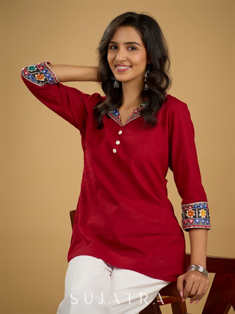 Cotton lapel collar top with stunning Madhubani hand-painted detail