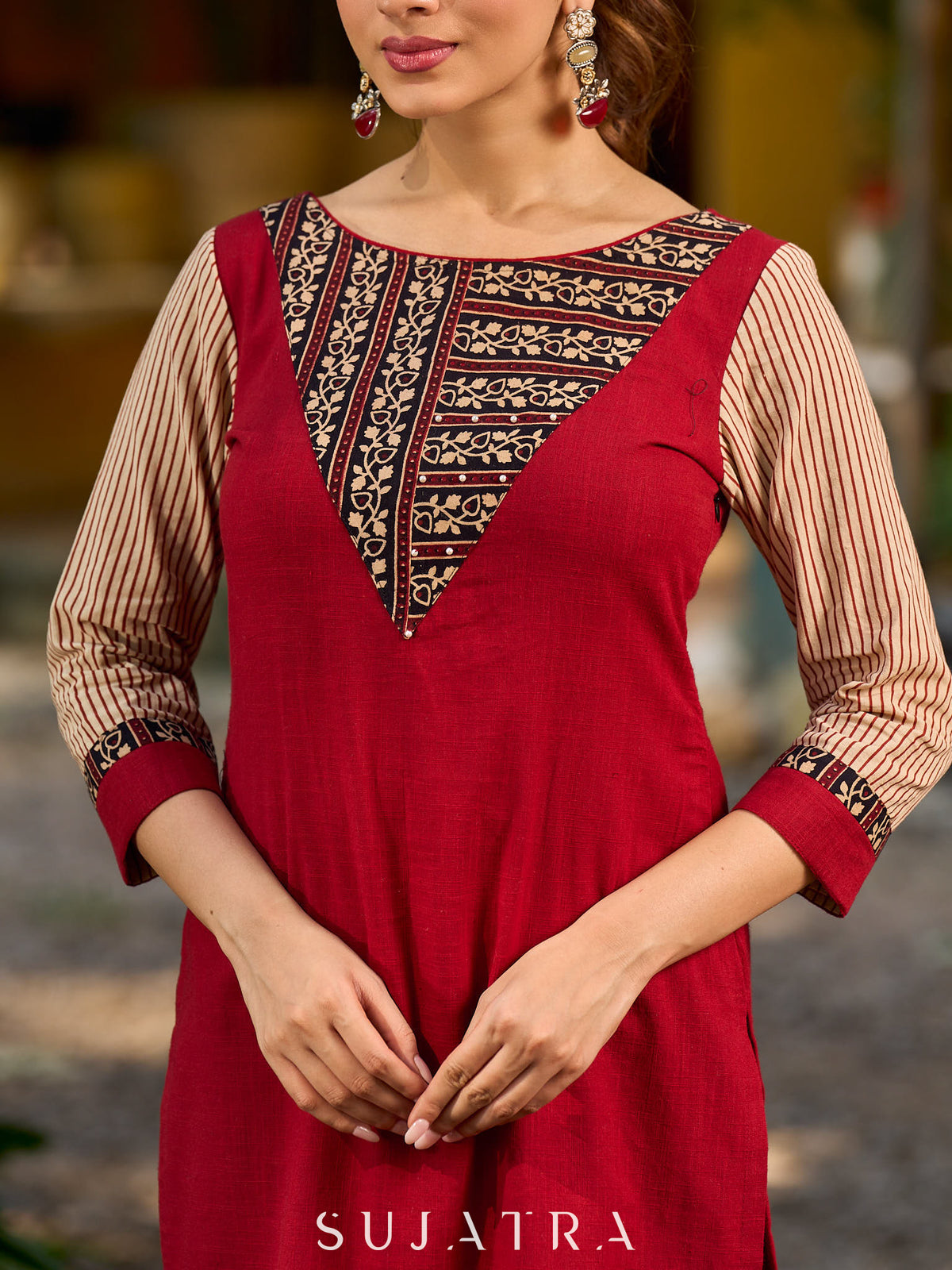 Handcrafted maroon kurta with a V-neck Ajrakh panel and stylish striped sleeves. - Pant Optional