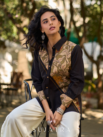 Charcoal Black Cotton Shirt with Asymmetrical Kalamkari Floral Panel