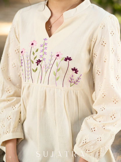 Luxe Off White Handloom Cotton Top with Graceful Hakoba Sleeves & Intricate Floral Embroidered Yoke