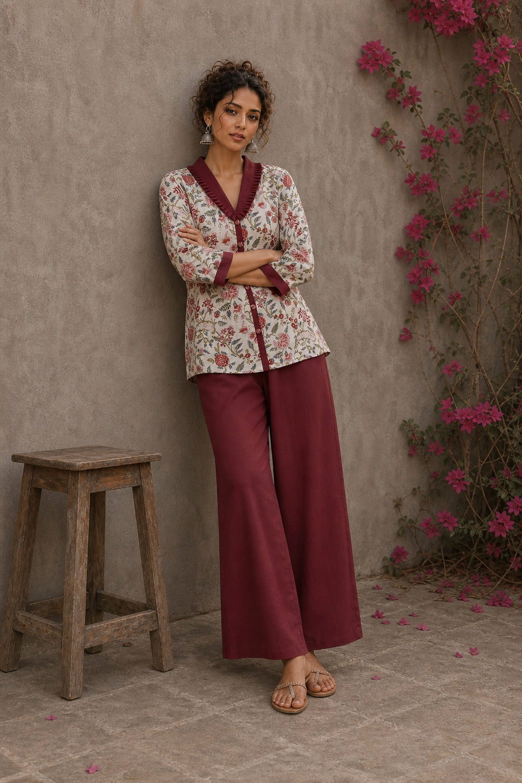 Soft white floral cotton top finished with maroon cuffs, pleated collar, and delicate feminine elegance.