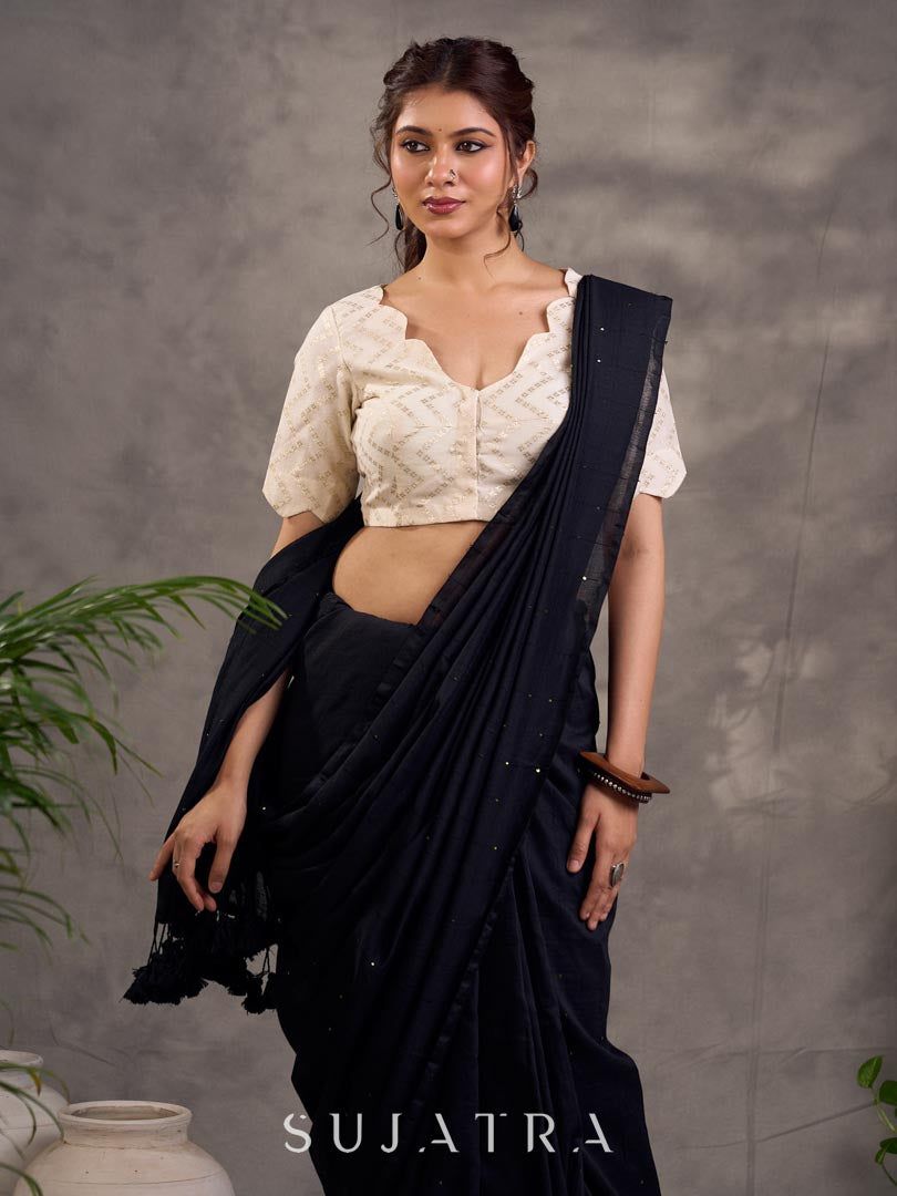 Refined Black Cotton Saree with Sequins Embellishment