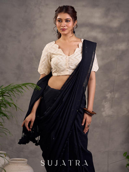 Refined Black Cotton Saree with Sequins Embellishment