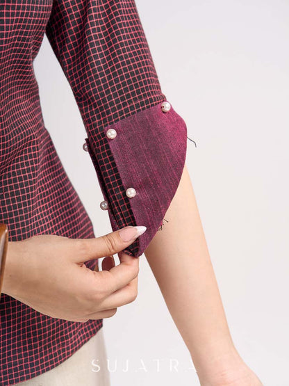 Maroon Cotton Contemporary Top with Embroidered Flamingo and Button Down Yoke