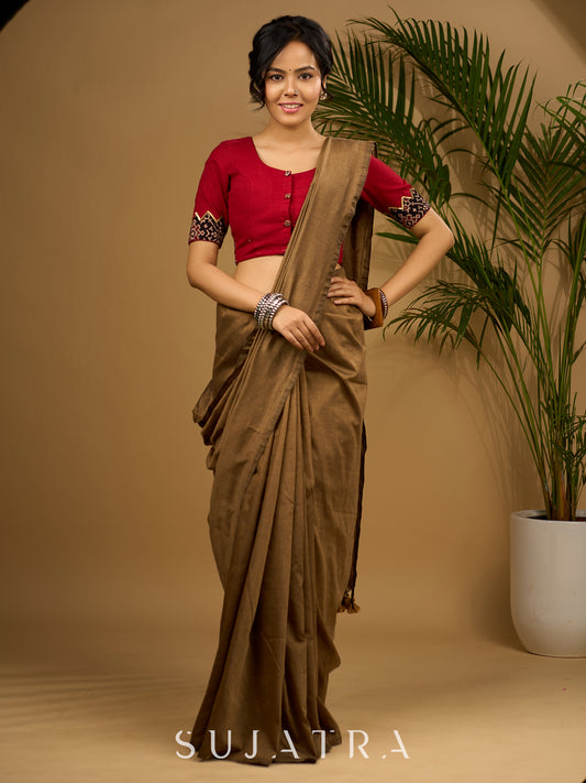Exclusive hand embroidered maroon ajrakh cut work blouse - Optional Plain Saree