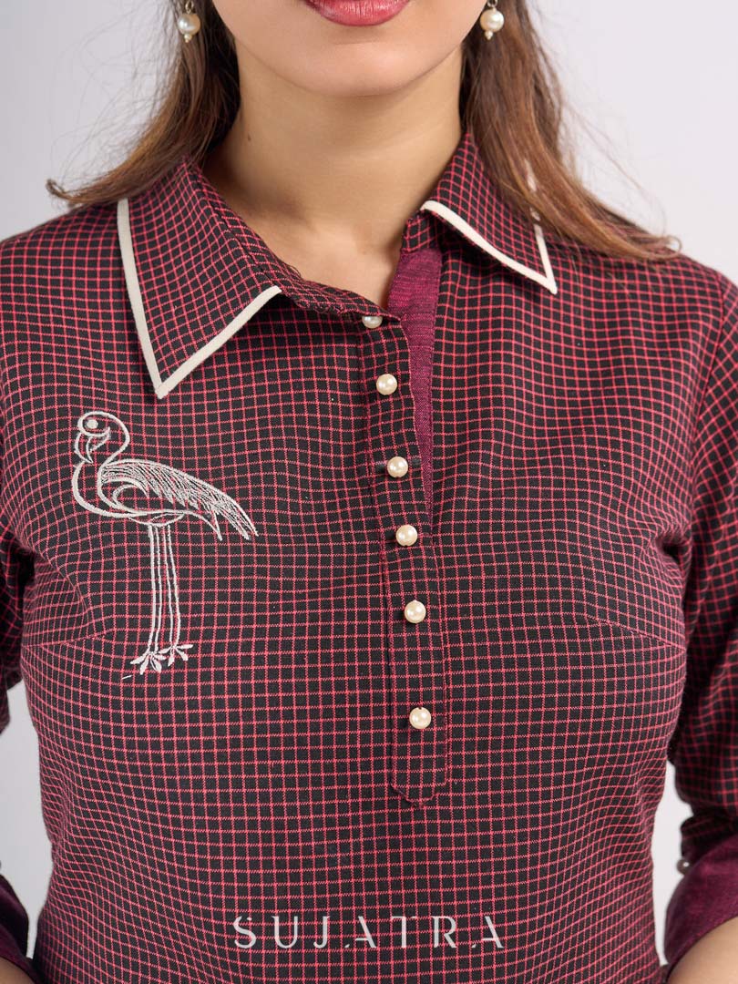 Maroon Cotton Contemporary Top with Embroidered Flamingo and Button Down Yoke