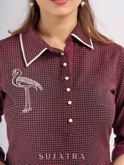 Maroon Cotton Contemporary Top with Embroidered Flamingo and Button Down Yoke
