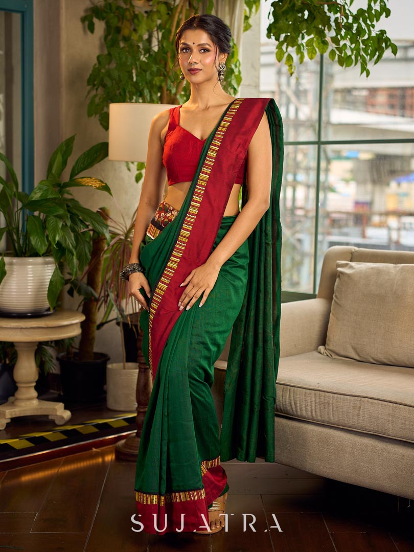 Classic Bottle Green Cotton Saree with Contrast Maroon Border & Hand Painted Pen Kalamkari Pallu