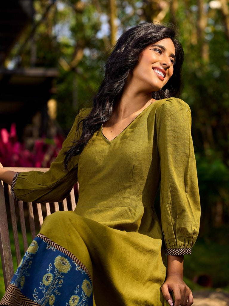 Olive Green Dress with Contrast Ajrakh Handblock Print Border and Puff Sleeves