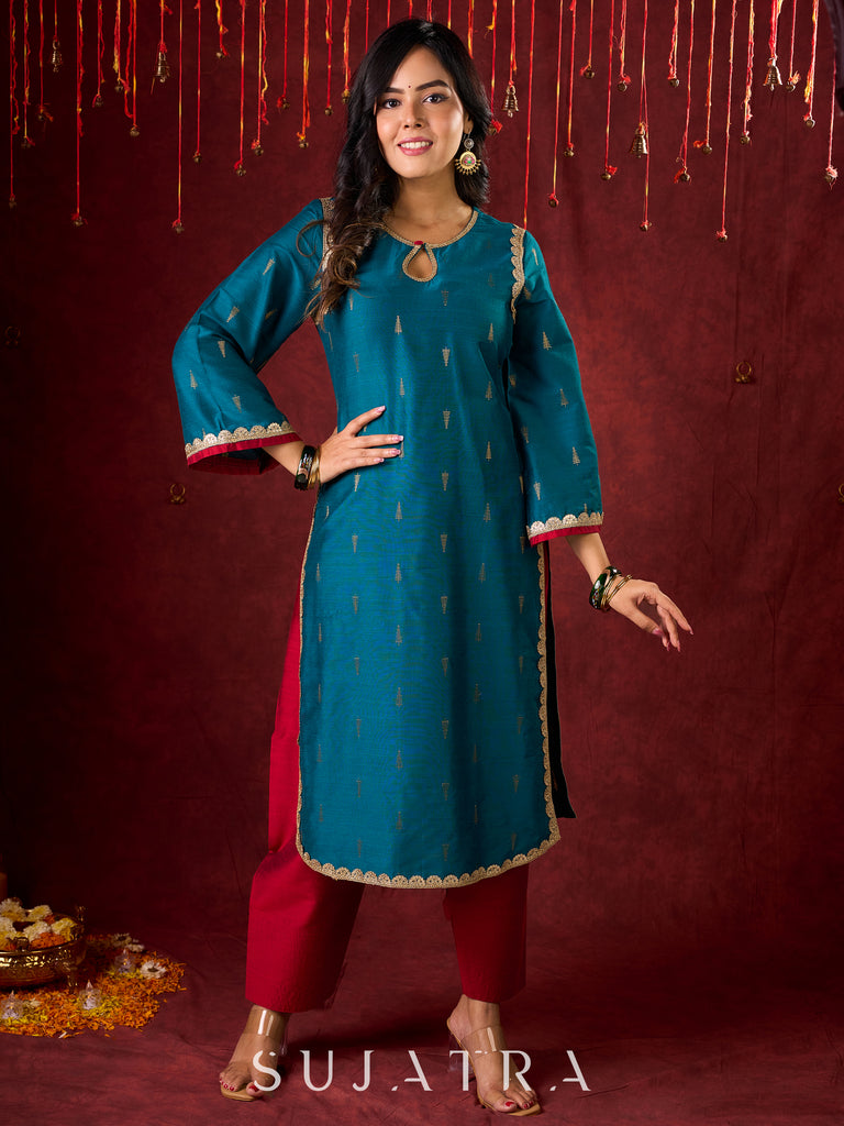 Radiant Teal Silk Kurta with Golden Self-Butta Design