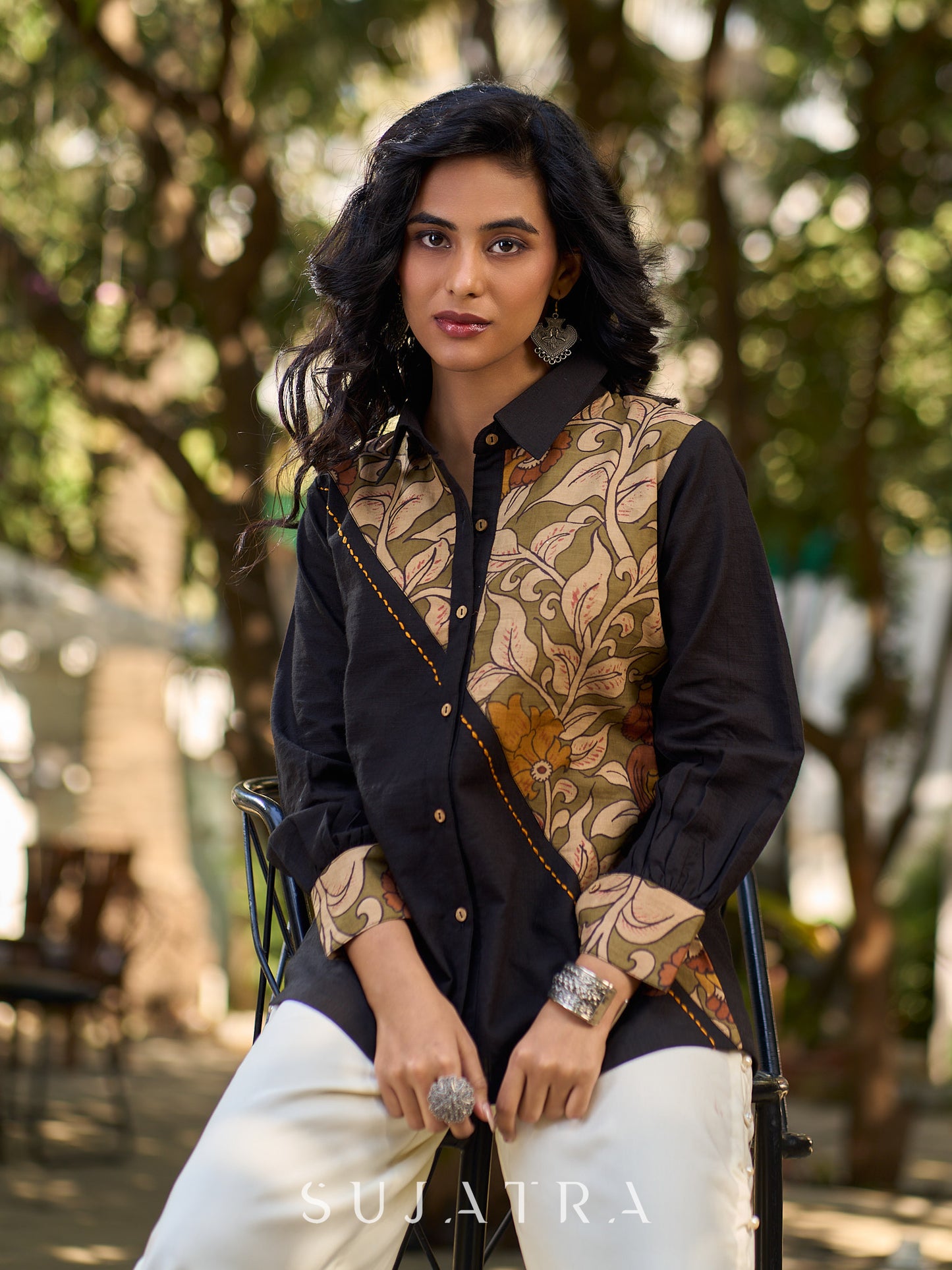 Charcoal Black Cotton Shirt with Asymmetrical Kalamkari Floral Panel