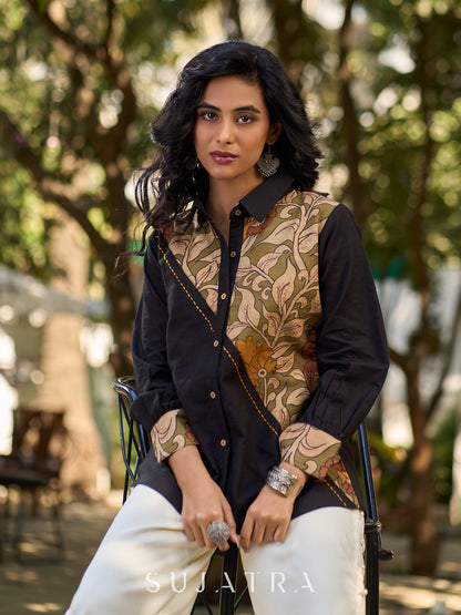 Charcoal Black Cotton Shirt with Asymmetrical Kalamkari Floral Panel