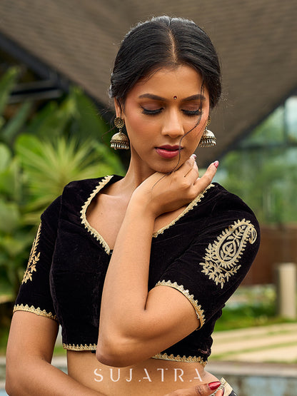Contemporary Black Velvet Blouse with Embroidered Sleeves & Back