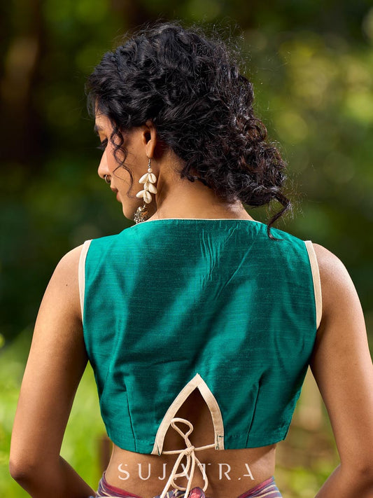 Classic Rama Green Sleeveless V Neck Cotton Silk Blouse