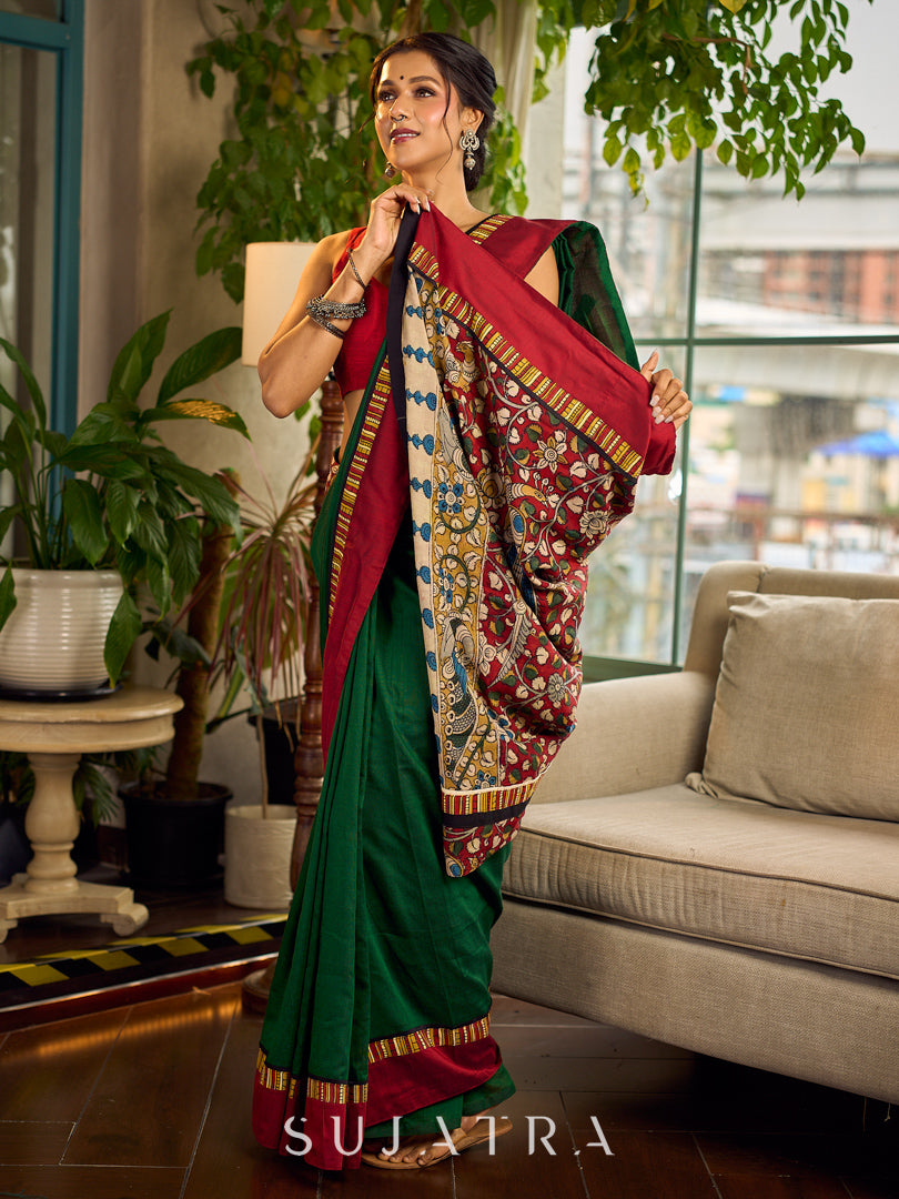 Classic Bottle Green Cotton Saree with Contrast Maroon Border & Hand Painted Pen Kalamkari Pallu