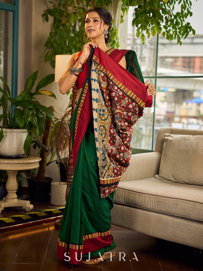 Classic Bottle Green Cotton Saree with Contrast Maroon Border & Hand Painted Pen Kalamkari Pallu